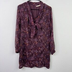 Sfera Dress‎ S Purple Floral Chiffon Tie Neck Cottagecore Whimsigoth Romantic